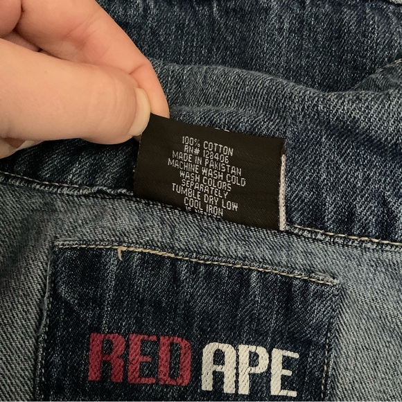 Vintage Red Ape Mens Distressed Denim Jacket XL 38 Faded Blue Jean Jacket - Picture 9 of 9
